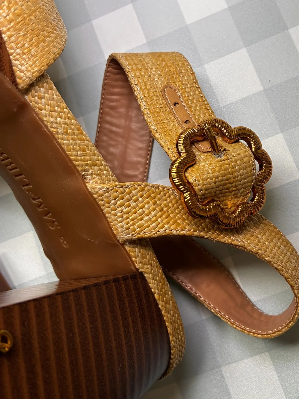New Sam & Libby Kristy 8 Tan Woven raffia straw Slingback chunky heels sandals